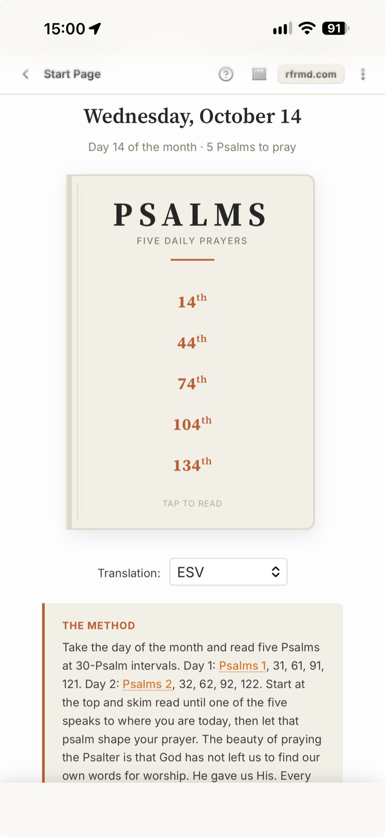 rfrmd.com: pray through the Psalms; five to choose from daily